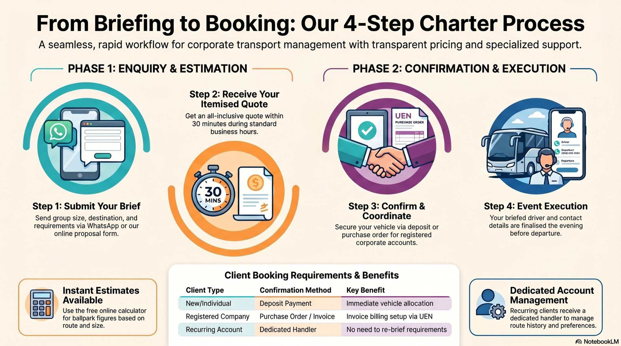 four step timeline graphic showing brief, quote, purchase order confirmation and trip day