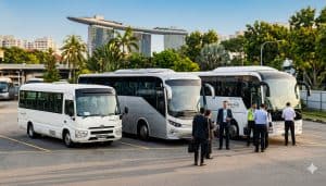 MICE conference shuttle at Marina Bay Sands, coaches lined up outside the convention entrance, corporate delegates boarding