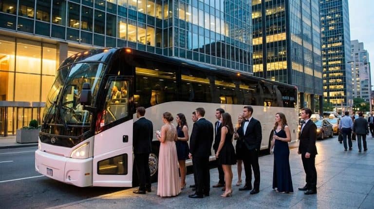 staff boarding a contracted shuttle coach