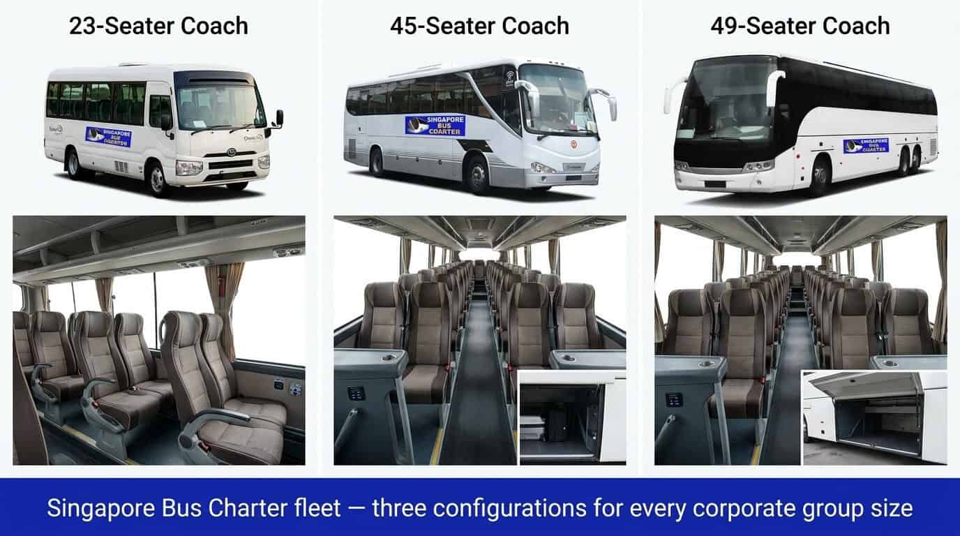three panel comparison of 23, 45 and 49-seater coaches with reclining seats and luggage space