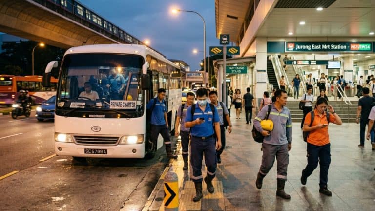 daily staff bus charter dropping employees at an mrt station
