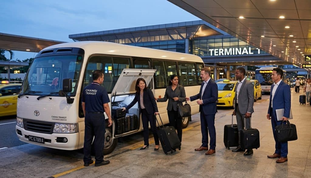 coach collecting a group for a changi airport transfer