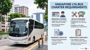 Licensed charter coach on a Singapore road, shown with the LTA requirements section