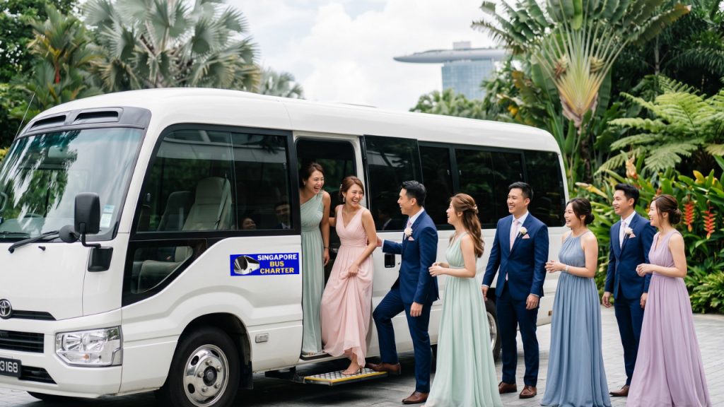 wedding guests boarding a coach outside a hotel